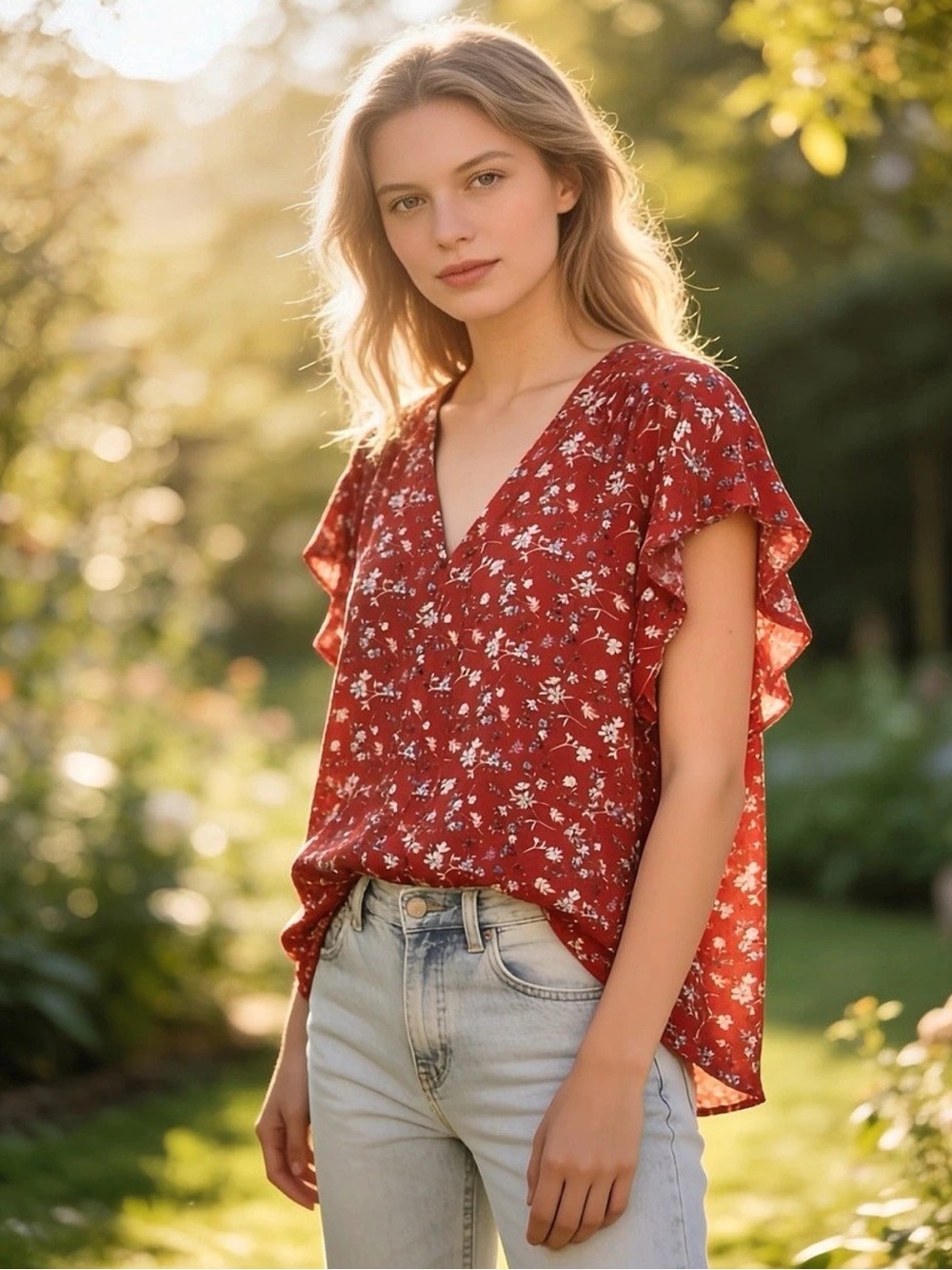 Sanctuary Return To Love Top Floral Ruffle Sleeve Blouse Red & White Medium